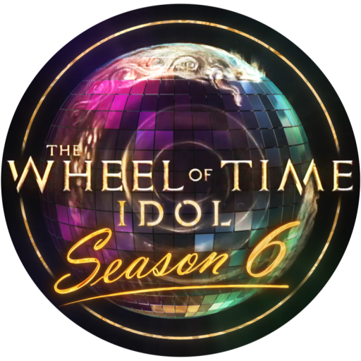 Wheel of Time Season 6 Logo. A golden snake eating its own tail overlayed with a colorful disco ball. Golden text says, "The Wheel of Time Idol Season 6."